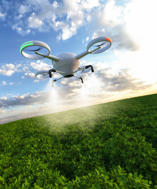 modern crop spraying with drones 3d render - spraying agriculture farm herbicide imagens e fotografias de stock