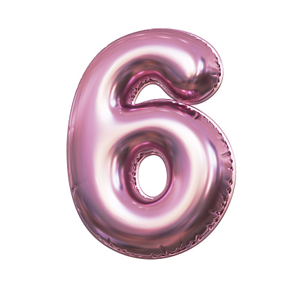 Pink metallic balloon font 3d rendering, number 6