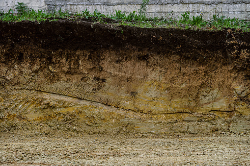 Corte de suelo natural con diferentes layaers. Hierba, suelo de chernozem y pared de tierra arcillosa después de trabajar excavadora. photo