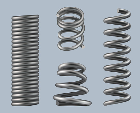 Spring coils. Steel geometrical 3d objects machine details metallic stretch and flexible material for heavy industry vector realistic spring coil. Illustration of spring metal, steel coil spiral