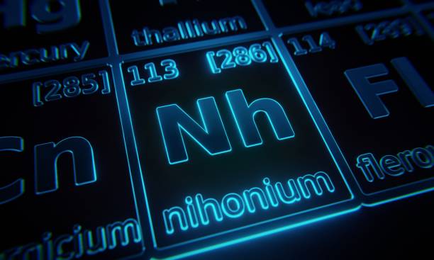 istock Focus on chemical element Nihonium illuminated in periodic table of elements. 3D rendering 1376136245