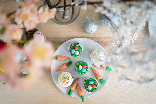 High angle view of plate with a small cakes/muffins decorated in the Easter spirit