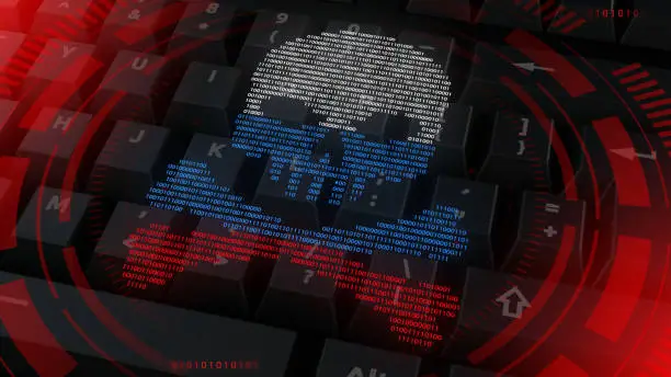 Skull in the color of the Russian flag on the background of the keyboard.