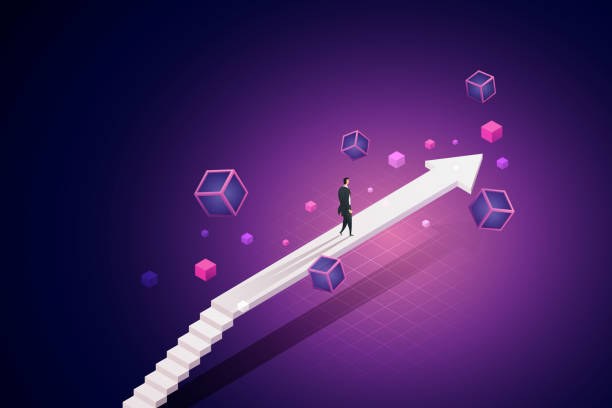 Businessman steps on the arrow bridge that goes forward on the path of Blockchain technology. Businessman steps on the arrow bridge that goes forward on the path of Blockchain technology to future. Business Growth, Stocks, Currency and Investments. isometric vector illustration. dx stock illustrations