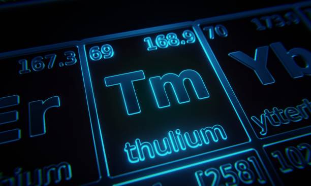 istock Focus on chemical element Thulium illuminated in periodic table of elements. 3D rendering 1376143180