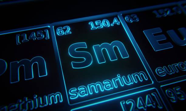 istock Focus on chemical element Samarium illuminated in periodic table of elements. 3D rendering 1376144380