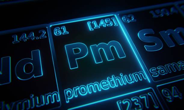 istock Focus on chemical element Promethium illuminated in periodic table of elements. 3D rendering 1376144422