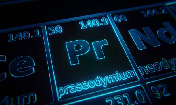 istock Focus on chemical element Praseodymium illuminated in periodic table of elements. 3D rendering 1376144996