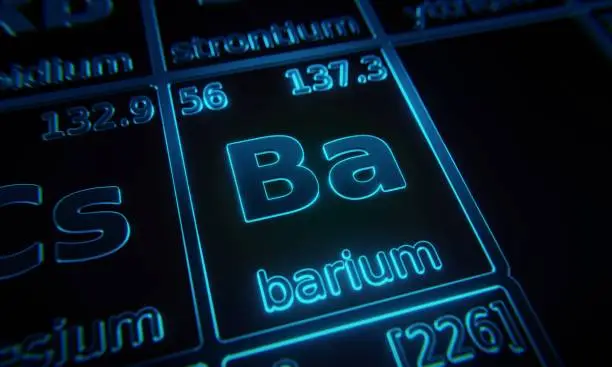 Photo of Focus on chemical element Barium illuminated in periodic table of elements. 3D rendering