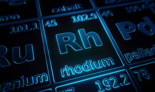 istock Focus on chemical element Rhodium illuminated in periodic table of elements. 3D rendering 1376147416