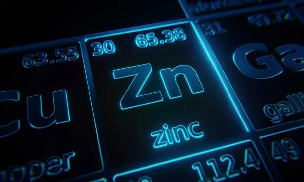 Focus on chemical element Zinc illuminated in periodic table of elements. 3D rendering