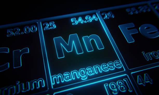 istock Focus on chemical element Manganese illuminated in periodic table of elements. 3D rendering 1376151827
