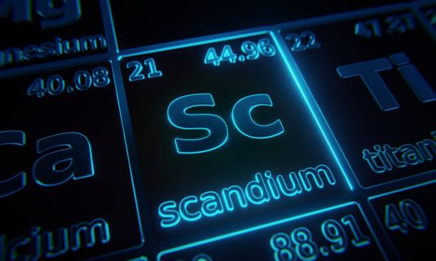 focus on chemical element scandium illuminated in periodic table of elements. 3d rendering - scandium imagens e fotografias de stock