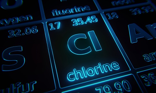 Focus on chemical element Chlorine illuminated in periodic table of elements. 3D rendering