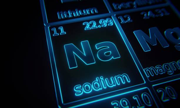 Focus on chemical element Sodium illuminated in periodic table of elements. 3D rendering Focus on chemical element Sodium illuminated in periodic table of elements. 3D rendering sodium stock pictures, royalty-free photos & images