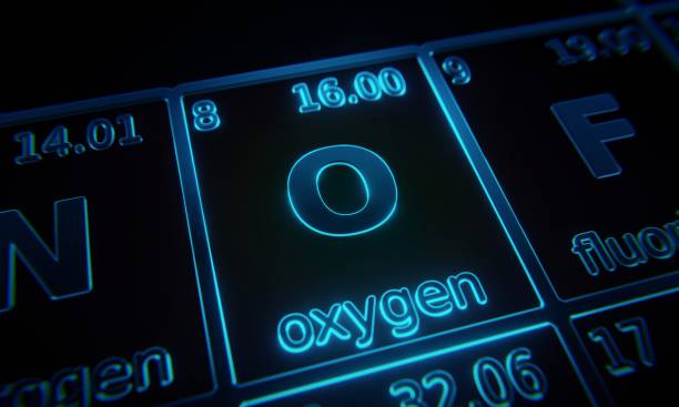 enfoque en el elemento químico oxígeno iluminado en la tabla periódica de elementos. renderizado 3d - tabla periódica de elemento de oxígeno fotografías e imágenes de stock