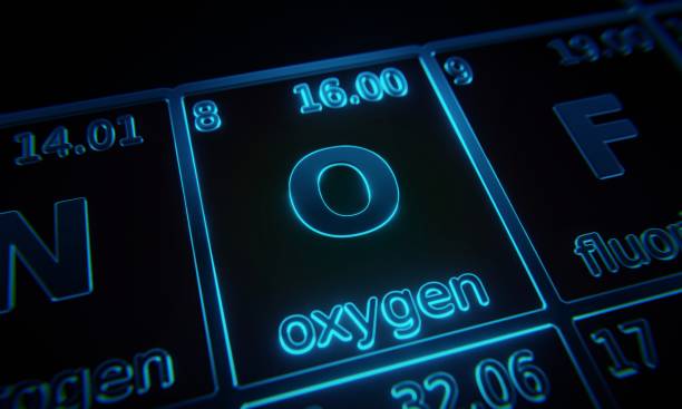 focus on chemical element oxygen illuminated in periodic table of elements. 3d rendering - periodic table chemistry science molecule imagens e fotografias de stock