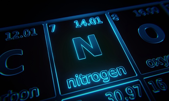Focus on chemical element Nitrogen illuminated in periodic table of elements. 3D rendering