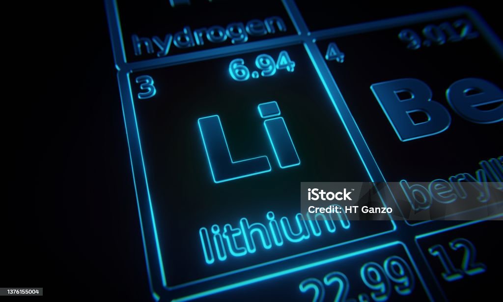 Focus on chemical element Lithium illuminated in periodic table of elements. 3D rendering Lithium Stock Photo