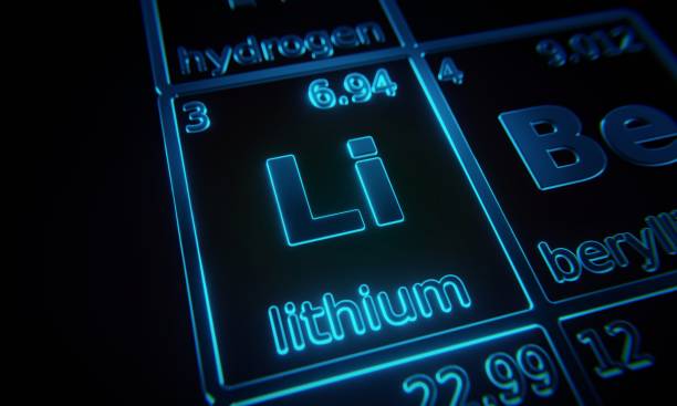 focus on chemical element lithium illuminated in periodic table of elements. 3d rendering - atom electron molecule molecular structure imagens e fotografias de stock