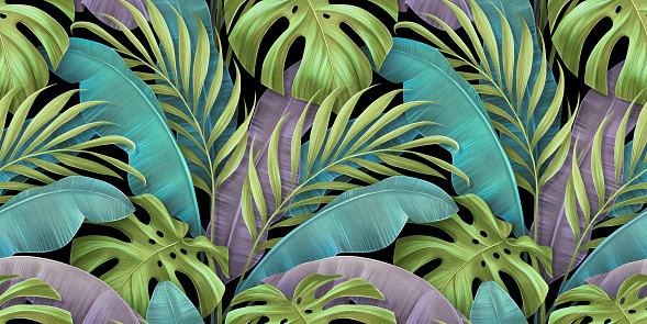 Tropical luxury seamless pattern. Pastel colorful exotic banana leaves, palm. Hand-drawn vintage 3D illustration. Glamorous background design. Good for wallpaper, poster, cloth, fabric printing, paper