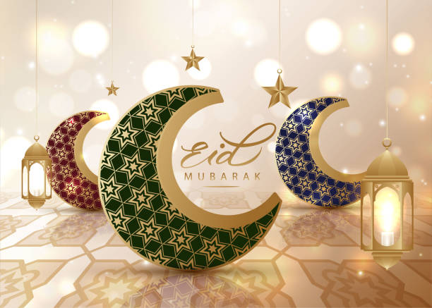 eid mubarak, eid al adha, eid al fitr, plakat z kartką z życzeniami z realistycznym półksiężycem i banerem wektorowym gwiazdy - eid stock illustrations