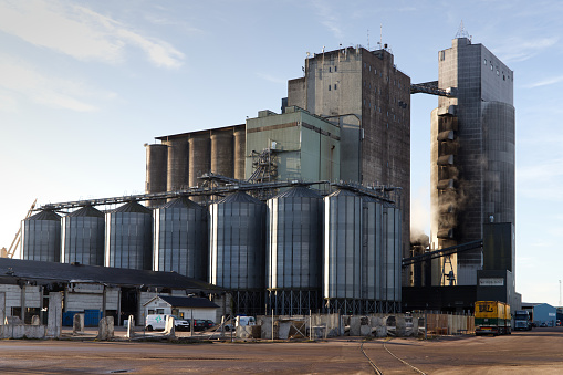 Halmstad, Halland, Sweden - March 1, 2022: Image was taken in the midday of 1st March 2022, in the port region of the city. Image presents highest building in town that is silo building for malt storage nad production. Brewery industry, Viking Malt company in morning sun.