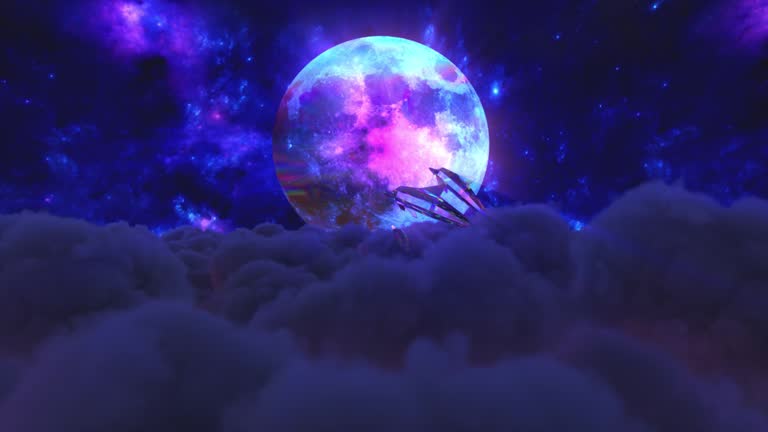 Diamond dolphins jump out of the clouds against the backdrop of the moon. Blue color. 3d animation of seamless loop