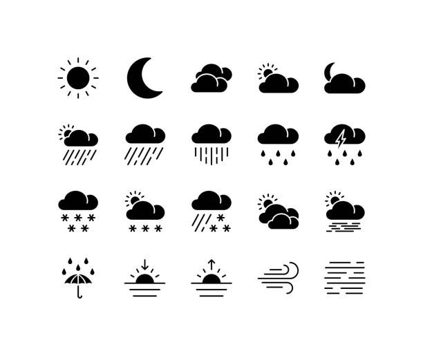 天気フラットラインアイコンセット。予測、気象学、気候シンボル。webサイトやモバイルアプリのためのシンプルなフラットベクターイラスト - spring clear sky night summer点のイラスト素材／クリップアート素材／マンガ素材／アイコン素材