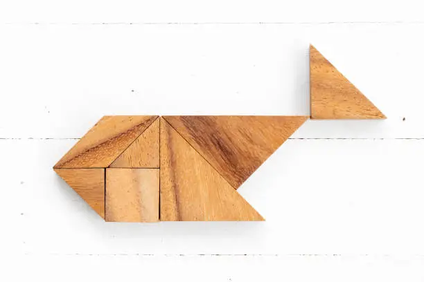 Photo of Wood tangram puzzle in fish shape on white wood background