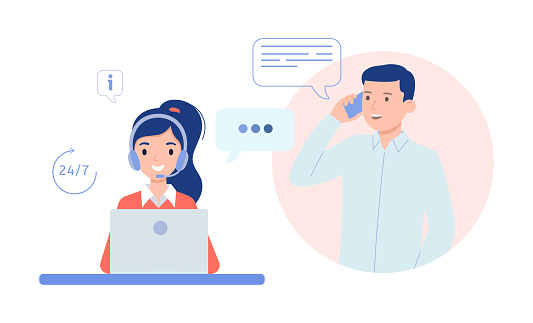Girl in headphones communicates with client. Technical support for customers 24-7, telephone hotline for business. Online customer service. Vector illustration in flat style.
