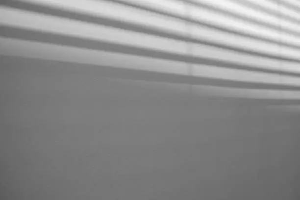 gray shadow of blinds windows overlay on the white wall background, sunlight through blinds, black and white