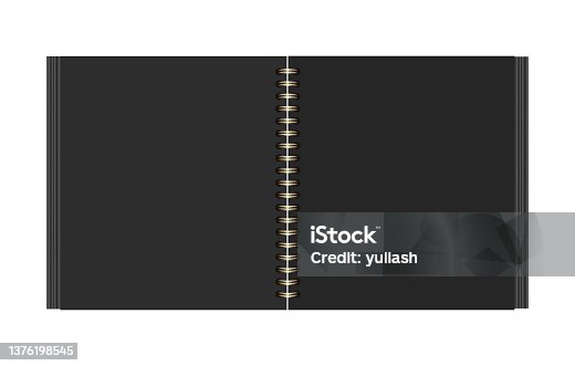 istock Open photo album or book with black empty pages. Square scrapbooking album on golden metal spirals. Vector realistic Mockup. Template for your design. EPS10. 1376198545