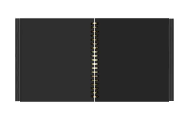 Vector illustration of Open photo album or book with black empty pages. Square scrapbooking album on golden metal spirals. Vector realistic Mockup. Template for your design. EPS10.