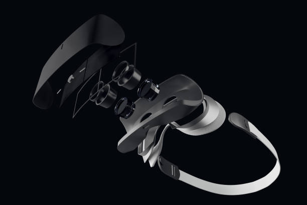 istock Demounted VR glasses on black backdrop. Repairs, maintenance and technology concept. 3D Rendering. 1376200688