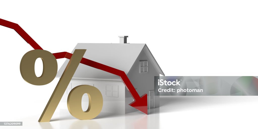 House Mortgage golden percentage symbol and falling red arrow Mortgage Loan Rates and Insurance Concept: 3D toy house investment in Real Estate. Buying building. Composition for home security broker and property dept payment. Illustration on white background with copy space. Price reverse and refinance mortgage application. Finance Stock Photo