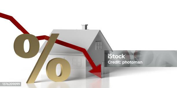 House Mortgage Golden Percentage Symbol And Falling Red Arrow Stock Photo - Download Image Now