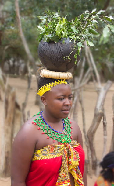 femme africaine en vêtements traditionnels portant un pot de fleurs sur la tête, zululand, afrique du sud - porter sur la tête photos et images de collection