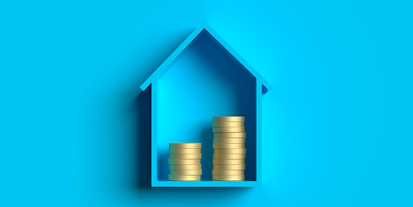 Mortgage Loan Rates and Insurance Concept: 3D toy house investment in Real Estate. Buying building. Composition for home security broker and property dept payment. Illustration on blue background with copy space. Price reverse and refinance mortgage application.