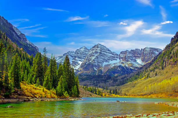 Mountain-Maroon Bells with alpine lake-Aspen Colorado