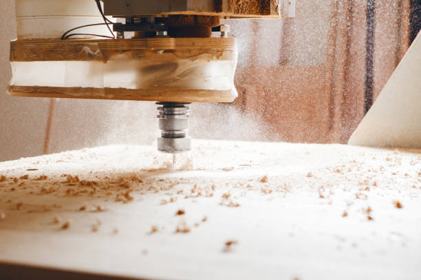 istock Machine tool in wood factory with drilling cnc machines. Computer numerical control. 1376220381