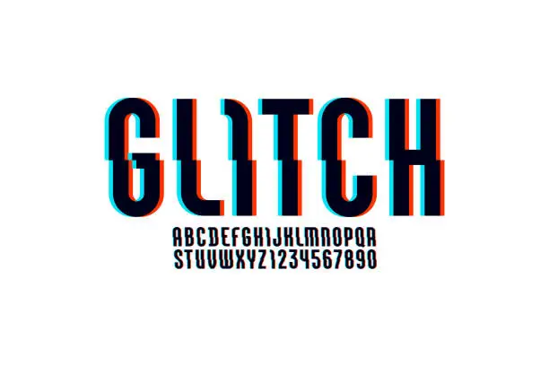 Vector illustration of Alphabet of distorted glitch effect, Shifted modern font, letters and numbers with effect sliced.