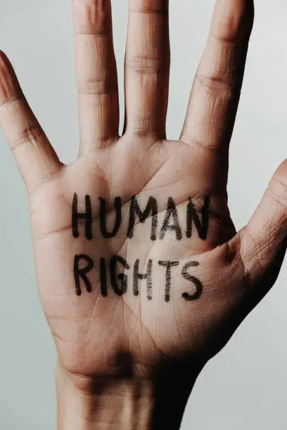 closeup of the hand of a man with the text human rights written in his palm, on an off-white background