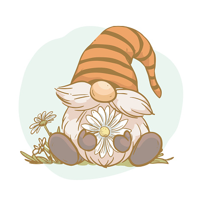 Vector spring illustration of cute little gnome sit with chamomile flowers isolated. Vintage hand drawn sketch style. For cards, prints, posters, banners etc.
