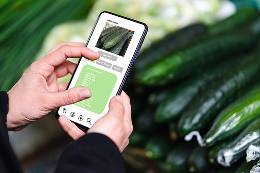 Close up photo of a smartphone in hand with the open application for recognizing vegetables and fruit. An unrecognizable woman is scanning cucumbers on the market with the phone app, which shows the nutritional value, health benefits, and meal recipes.