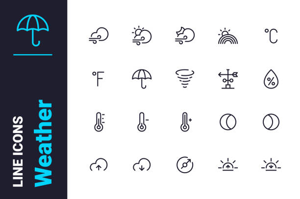 Weather change and forecast icons set Weather change and forecast icons set vector illustration. Rainbow, tornado, sunrise, sunset line icon on white. Meteorology and season concept tornado stock illustrations