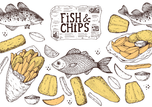 Fish and chips sketch vector illustration. British pub food. Hand drawn sketch. Cooking fish and chips. Engraved hand drawn vintage image. Menu design template.