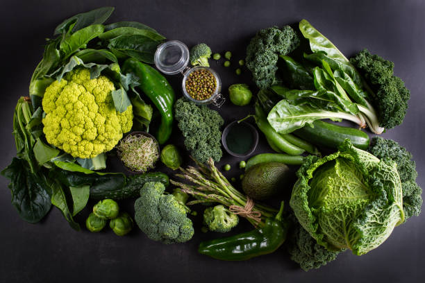 Variety of green vegetables, local food, seasonal produce stock photo