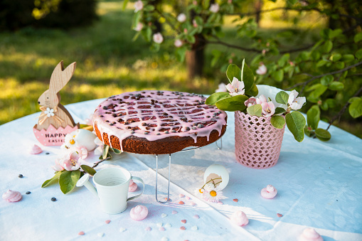 Rustic Sweet chocolate Cake with pink glaze and chocolate drops on white table cloth in the nature. Spring Holiday cake for Easter. Copy space