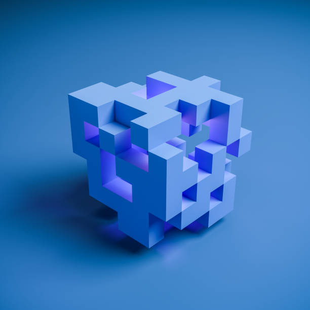 istock An abstract cube consisting of blue cubes with missing parts. A pink light within throws colored spots onto the cubes. Data analysis / data cube concept 1376319533